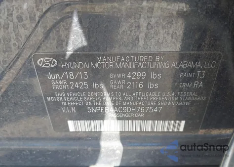2013 Hyundai Sonata Gls из США, поврежденный, VIN 5NPEB4AC9DH767547